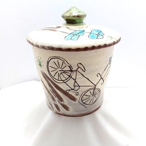 Art Pottery‎ Jar w/Lid Flowers Bicycle Hand Made Signed       6"h x 5"w